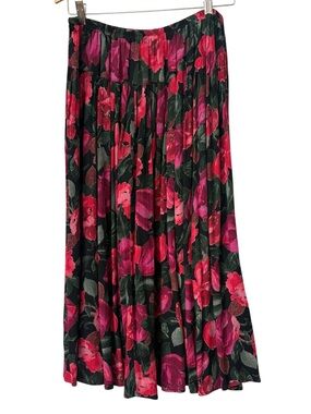 Vintage Carole Little St Tropez Black Pinkj Rose Full Skirt Crinkle A-line 10 M